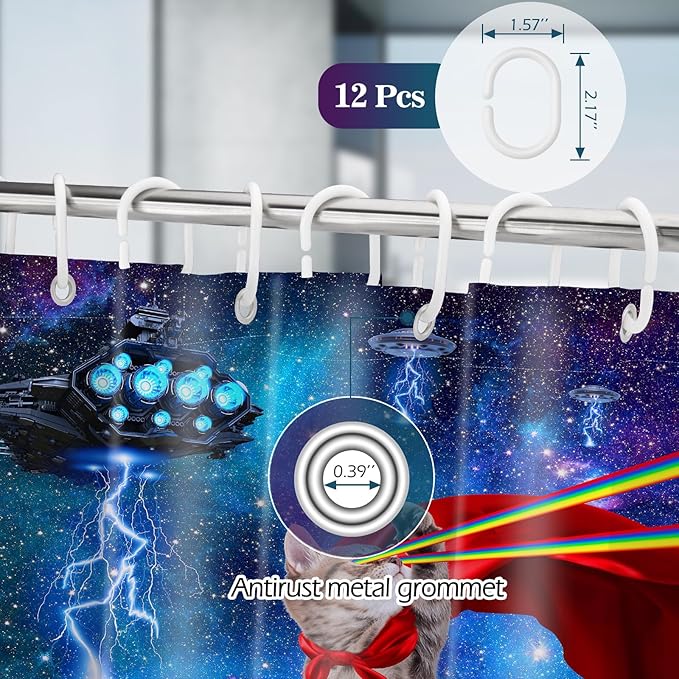 Funny Cat Shower Curtains for Bathroom - Cool Cute Cat on Fantasy Outer Space Galaxy Universe UFO Fun Shower Curtain Set with 12 Hooks for Adults Kids Bathroom Decor Accessories, 72"x72"