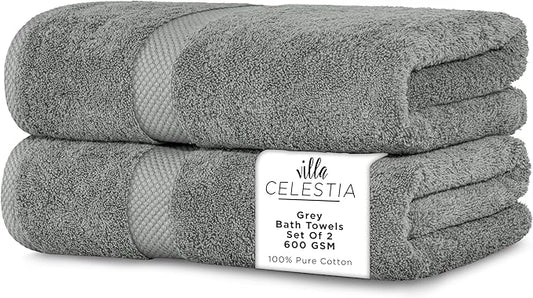 600 GSM 100% Cotton Bath Towels, Grey, Set of 2, Highly Absorbent, Plush, Soft, Quick Dry, 2 Pieces Combed Cotton Luxury Towels for Hotels, Spa, Salon, Bathroom, Dorm, Pack of 2
