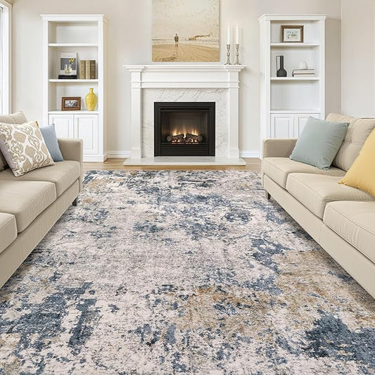 Area Rugs for Living Room: 10x12 Abstract Washable Rug Large Soft Stain Resistant Non-Slip Backing for Bedroom Dining Room Indoor Home Office Carpet for Kids Pet Friendly Families - Blue Brown