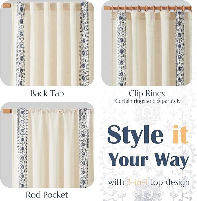 jinchan Boho Curtains for Bedroom Blue Vintage Floral Farmhouse Curtains 72 Inches Long Linen Blend Drapes for Living Room Embroidered Drapes Light Filtering Rod Pocket Blue on Beige 2 Panels
