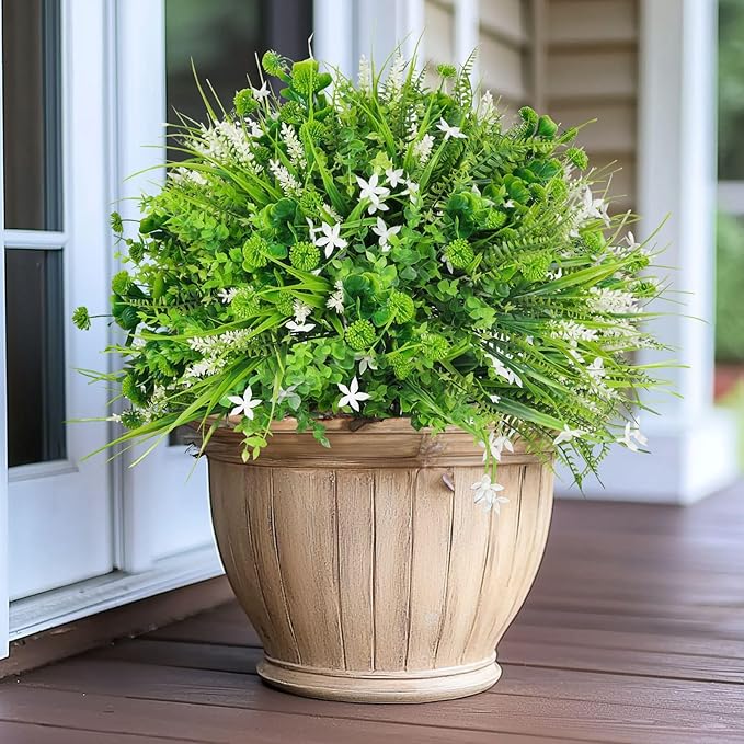 24 Bundles Artificial Plants Flowers for Outdoors Summer Decor, UV Resistant Fake Plants Plastic Faux Boston Fern Lavender Flowers Boxwood Greenery Shrubs for Gardens Porch Yard Home Spring Decor