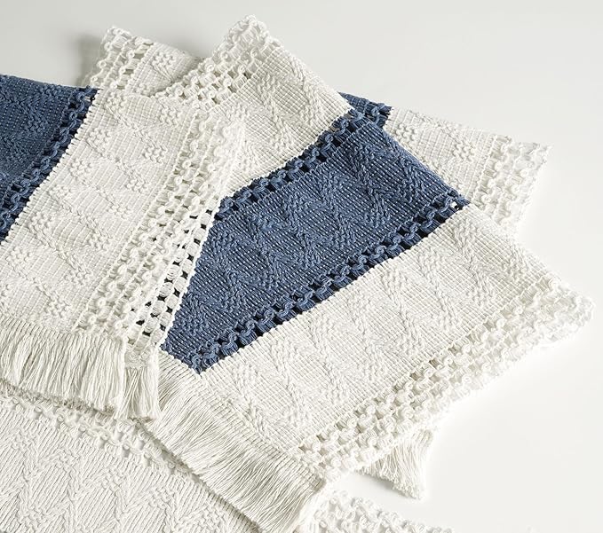 FEXIA Blue Boho Placemats Set of 4, Macrame Table Decor and Farmhouse Style Placemats Natural Cotton Burlap, for Dining Table, Blue