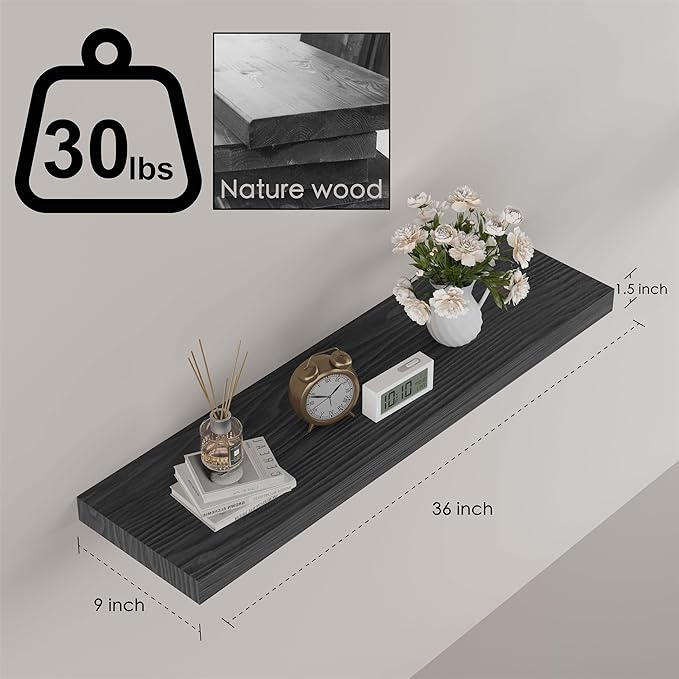 Floating Shelves for Wall - 36 x 9 Inch Wood Shelves for Bathroom, Bedroom, Kitchen Decor, Farmhouse Decor Set of 2, Black