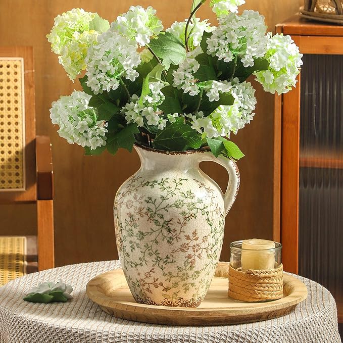 Enra Vintage vase,Ceramic Chinoiserie Floral Vase,Green and Beige Decorative Flower vase,Large Rustic Vases for Home Decors, Living Room, Bookshelf, Office，9.7 inch