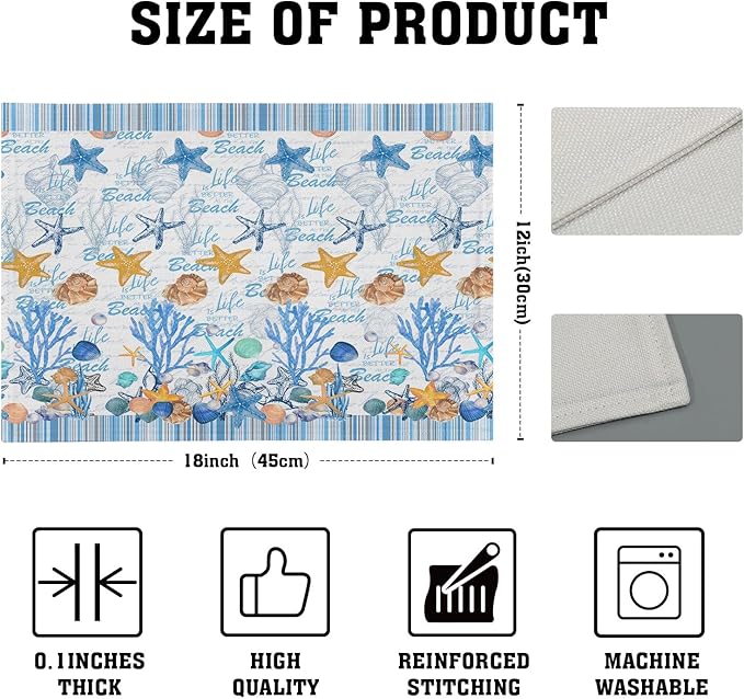Ocean Starfish Placemats Set of 4 Beach Theme Seashell Coastal Washable Non-Slip Heat Resistant Linen Fabric Summer Thick Place Mats Decorative Table Mat 12×18 Inch for Dining Table Decor