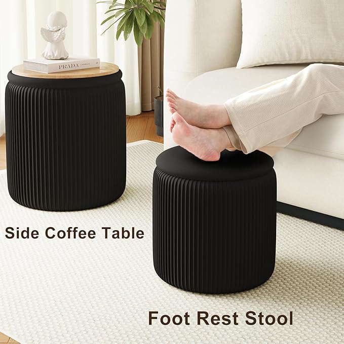 Black Velvet Ottoman with Storage Set of 2, Round Storage Ottoman Foot Rest, Black Makeup Vanity Chair, Small Vanity Stool with Storage, Pouf Ottomans for Living Room, Bedroom