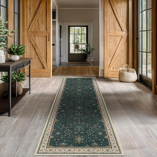Dark Green Kitchen Rug 10 ft Long - Modern Vintage Boho Unique Floral with Gold Accent, Washable Low Pile Non-Slip Extra Long Wide Runner Rugs for Hallway, 3x10