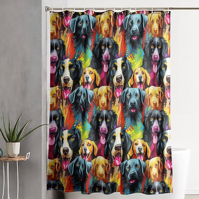 AILONEN Cartoon Dog Shower Curtain Set, Lovely Colourful Puppy Shower Curtain for Bathroom,Rainbow Gradient Puppy Waterproof Fabric Bath Curtain with Hooks,48" Wx72 H