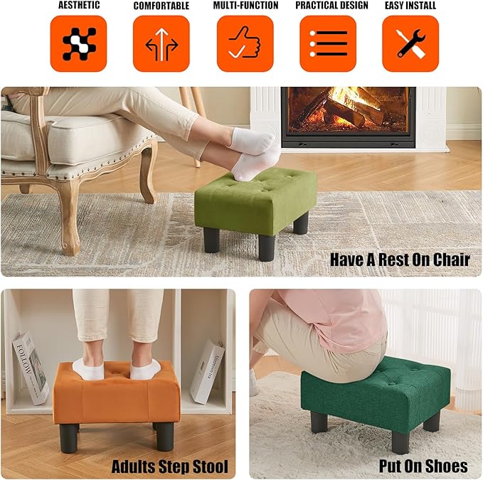 BRIAN & DANY Small Foot Stool, Linen Foot Stools with Legs, Stable Small Footstool for Living Room, Green