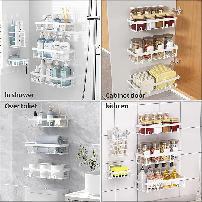 10 Pack Shower Caddy Organizer Rack Shelf for Inside Shower, Self Adhesive Wall Storage Basket Rustproof Stainless Steel Shampoo Holder Bathroom Accessory Decor Set, White