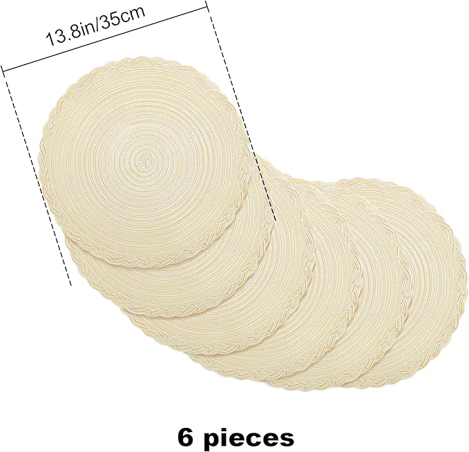 fanquare Beige Round Braided Placemats with Woven Lace Edge, 15 Inch Farmhouse Style Placemat for Table Decor, Heat Resistant Durable Table Mats