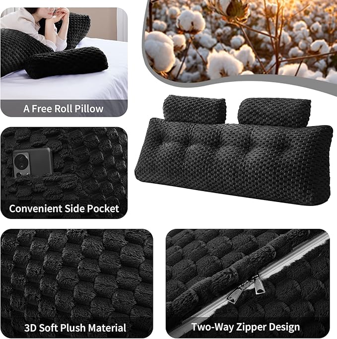 Wedge Headboard Pillow - Bed Wedge Pillow for Headboard Triangular Headboard Pillow with Neck Roll Pillow-Large Bolster Pillow for Sitting in Bed Backrest Positioning Support (Black,39x8x20 Inches)