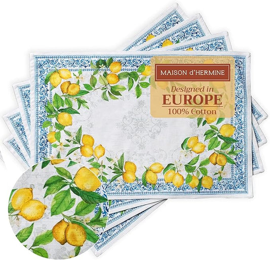 Maison d' Hermine Placemats Set of 4 100% Cotton Washable Cloth Place Mats, Reusable Table Mats for Kitchen Dining Decoration, Party, Wedding, Restaurant Spring/Summer (Cedrat, 13" x 19")