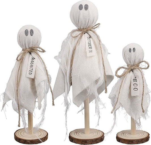 DR.DUDU 3 Pack Halloween Ghost Decor - Primitive Wooden Ghost Kit for Table Centerpiece Indoor Decorations, Spooky Cute Ghosts for Farmhouse Shelf Mantel Kitchen Home & Office Decor