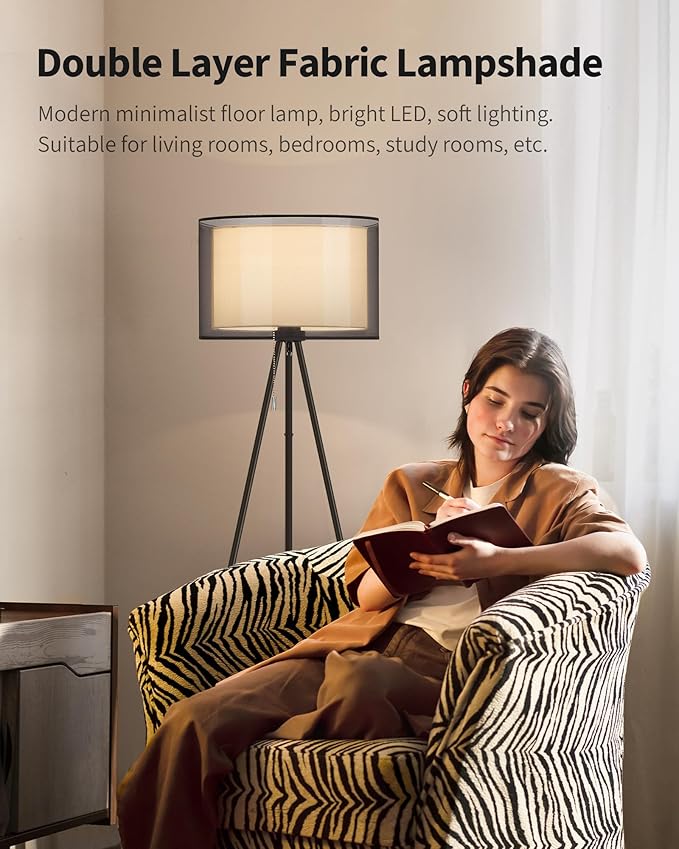 KDG Modern Floor Lamp - Tall Tripod Lamp for Living Room, Bedroom, Office; Fabric Shade, LED Bulb, Warm Light (Black)