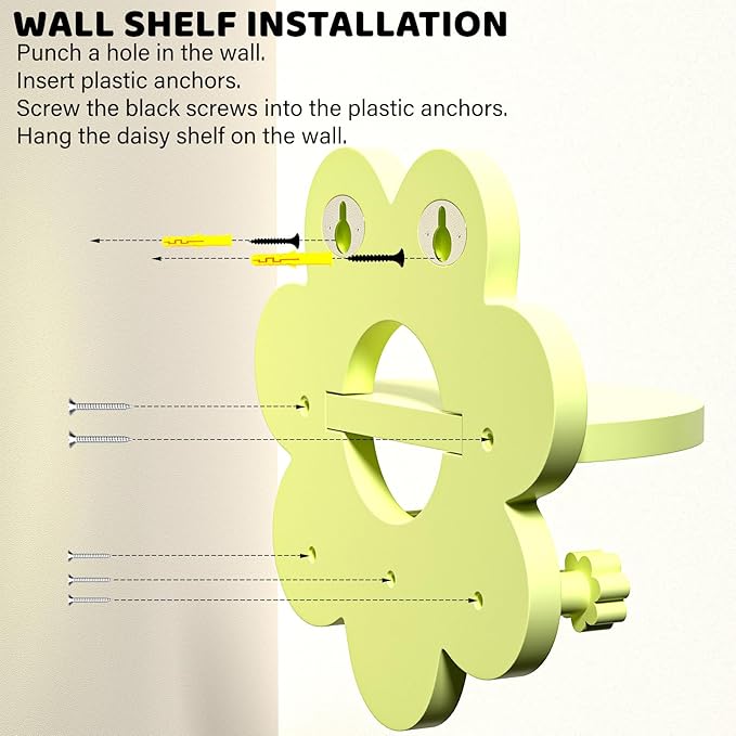 Floating Shelf for Wall, Hanging Display Wall Shelf with Hooks Wooden Daisy Flower Shelf for Bathroom Living Room Bedroom Wall Decor, (Light Yellow)