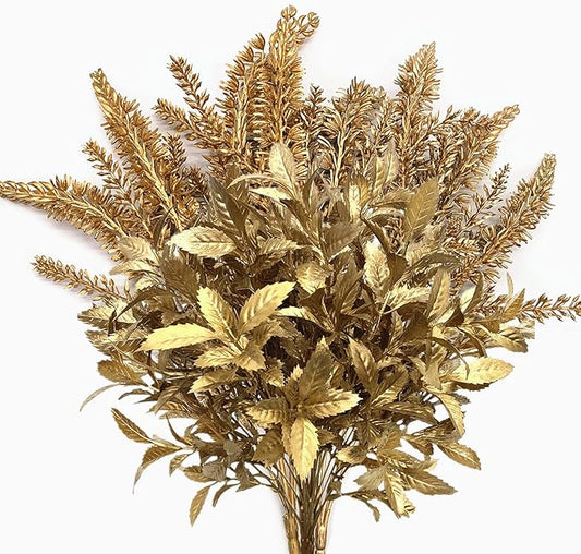 CATTREE Artificial Gold Plants, Plastic Leaves Golden 4 Pack, Fake Grass Faux Shrubs Bushes for Home Indoor Outdoor Garden Leaf Wedding Christmas Festival Decoration Hall Table Planter Filler