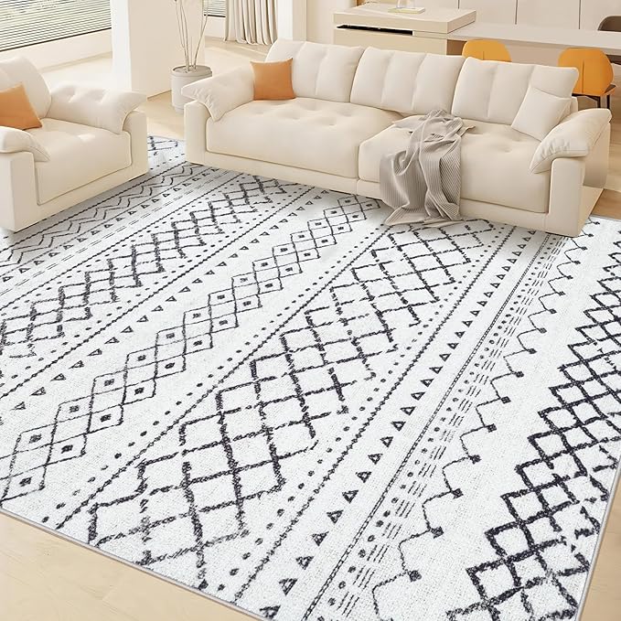 Area Rug for Living Room 6x9: Large Washable Boho Moroccan Rugs Geometric Neutral Rug, Non-Slip Foldable Morden Farmhouse Indoor Floor Carpet for Bedroom Dining Table Home(Black,6'X9')
