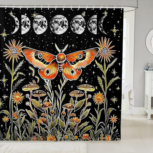 Feelyou Death Moth Shower Curtain Hippy Mushroom Fabric Shower Curtain for Kids Boys Girls Colour Bathroom Waterproof Accessories with 12 Hooks Bohemian Style Curtains,72x84 Inches