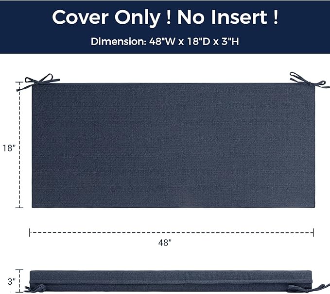 Patio Bench Cushion Covers for Outdoor Furniture with Ties, Water Resistant Loveseat/Settee Cushion Slipcover 48x18x3 Inch for Swing Porch Garden (Replacement Cover Only)-Navy Blue