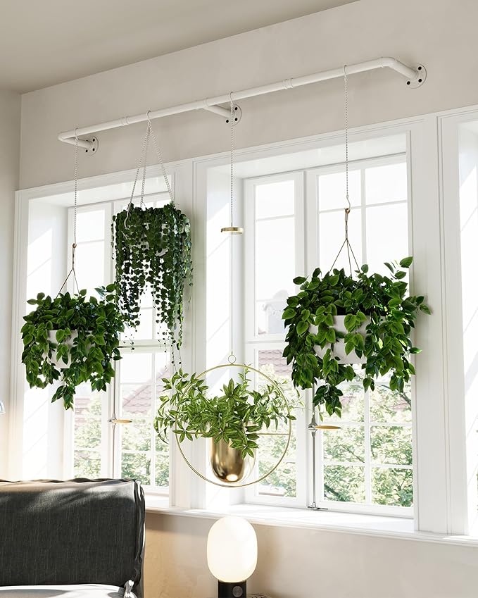 Plant Hanger Indoor, Hanging Planters for Indoor Plants with 6 Hanging Chains, Wall Plant Hanging Rod for Window Ceiling, 65 Inch, Metal/White, Pots Not Included