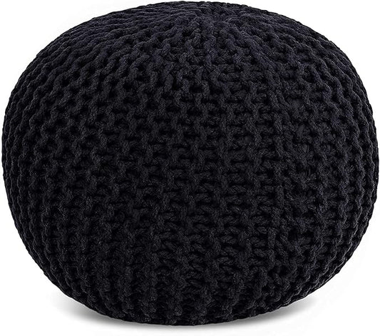 FRELISH DECOR Round Pouf Ottoman Hand Knitted 100% Cotton Pouf Foot Stool - Knitted Bean Bag - Floor Chair for Living Room Bedroom - Foot Rest for Couch (20 Diameter x 14 Height) - Black