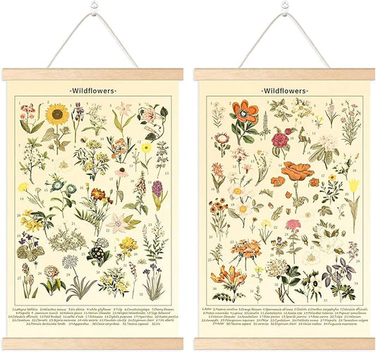 Chenkaiyang 2 Pcs Vintage Hanging Poster,Flowers Wall Hanging Botanical Rustic Retro Wall Art Prints Flower Chart Posterfor Living Room Decor,12.7 X 21.6 Inch