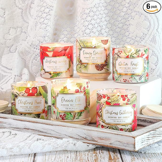 Christmas Scented Pillar Candles, Glass Jar Candles with Wood Lids, 4.5 Oz Natural Soy Wax Candle, Aromatherapy Candles for Home Scented, Candle Gift, SPA, Set of 6
