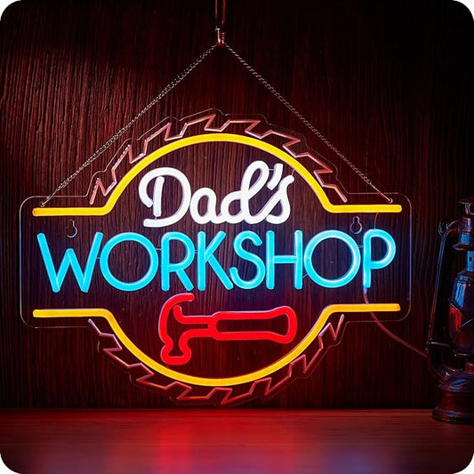 Dad's Workshop Neon Sign for Wall Decor Garage LED Light Car signs for Auto Repair Shop Man Cave Gift for Father 12.6 x 16.5 in (White Orange)