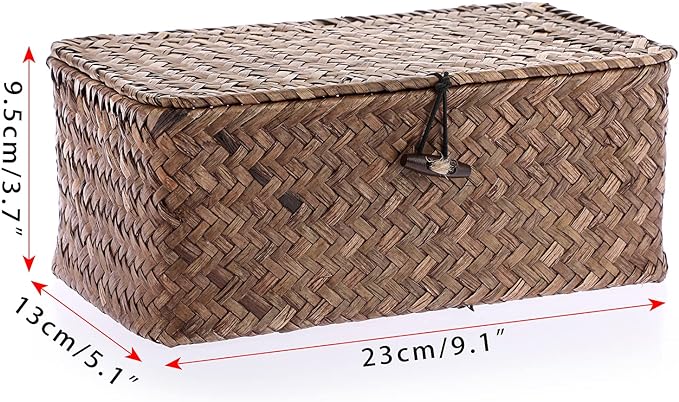 Hipiwe Wicker Shelf Baskets Bin with Lid, Handwoven Seagrass Basket Storage Bins Rectangular Household Basket Boxes for Shelf Wardrobe Home Organizer, Coffee X-Small