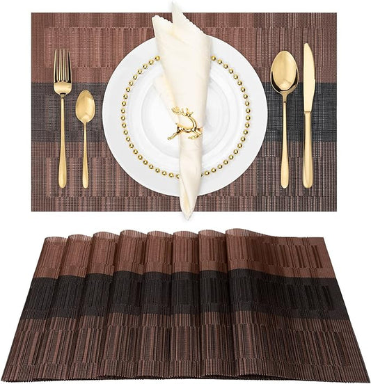 Winknowl Placemats, Set of 8 Heat Resistant Stain Resistant Non-Slip Woven Vinyl Insulation Placemats, Washable Durable Elegant Table Mats for Dining (Coffee)