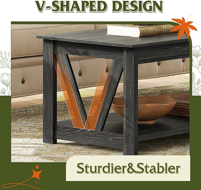WLIVE Coffee Table, 43" Farmhouse Coffee Table with Storage Shelf & Sturdy V-Shaped Support, Wood Center Table for Living Room, Bedroom, Office and Balcony, Black