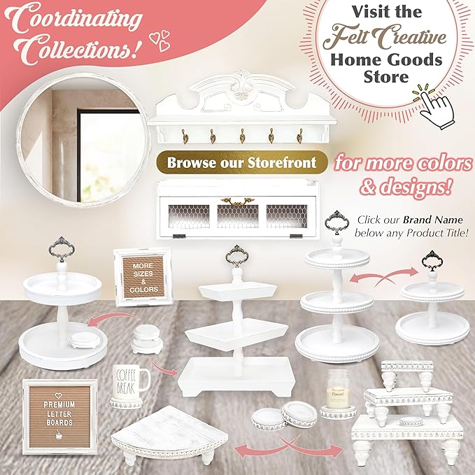 Corner Pedestal Stand Rustic Decor Riser for Display - Farmhouse Wood Rounded Beaded Tray for Kitchen and Bathroom Countertop Organizer, Coffee Bar, Plant Stand with Removable Feet (Rustic White)
