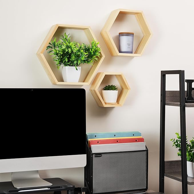 Mind Reader Hexagon Floating Shelves, Set of 3, Wall Decor, Honeycomb Accent Shelf, Cabinet Organizer, Office, Bamboo, 13.75" L x 3.125" W x 12" H, Brown