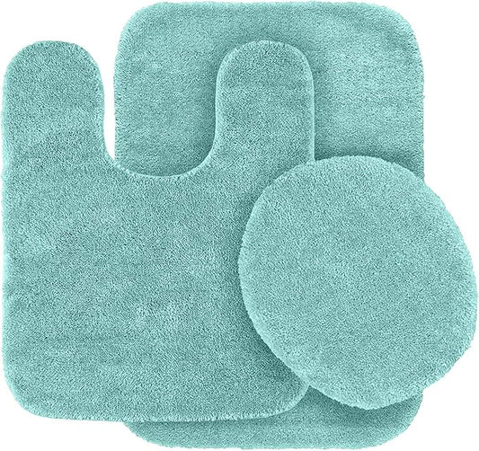 Fancy Linen 3pc Solid Non-Slip Bath Mat Set Bathroom U-Shaped Contour Rug, Mat and Toilet Lid Cover New # 6 (Sea Foam/Aqua)