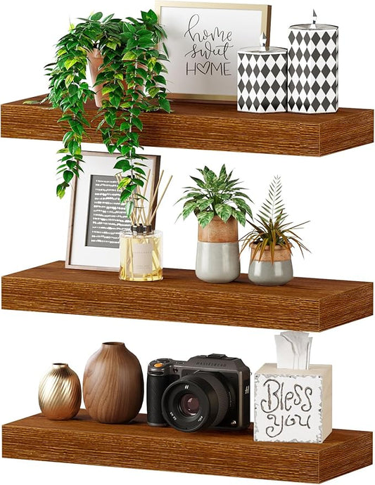 BAMEOS Floating Shelves, 16x6 American Oak Wall Mounted Wooden Shelves with Invisible Brackets Set of 3, Hanging Wall Shelves Decoration for Bedroom, Bathroom, Living Room and Kitchen