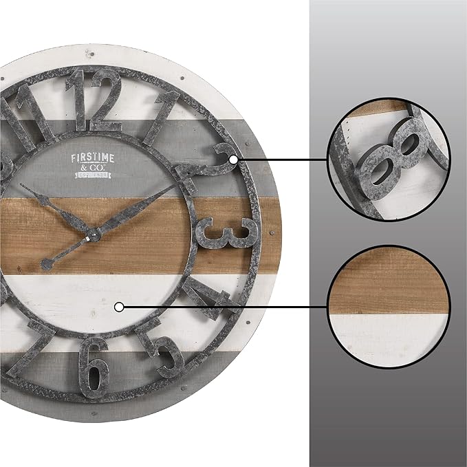 FirsTime & Co. Multicolor Shabby Planks Wall Clock, Large Vintage Decor for Living Room, Home Office, Round, Wood, Farmhouse, 27 inches