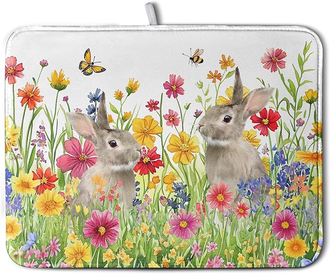 Easter Dish Drying Mat for Kitchen Counter Easter Bunny Flowers Dish Drying Pad Spring Rabbit Floral Dishes Drainer Mats Absorbent Microfiber Kitchen Countertop Protector Drying Mats 18x24 in