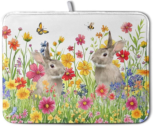 Easter Dish Drying Mat for Kitchen Counter Easter Bunny Flowers Dish Drying Pad Spring Rabbit Floral Dishes Drainer Mats Absorbent Microfiber Kitchen Countertop Protector Drying Mats 18x24 in