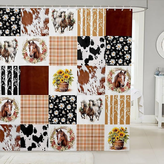 Feelyou Horse Shower Curtain 72"x78" Kids Cowboy Cow Fur Bathroom Shower Curtain Set for Boys Girls Teens Farm Geometric Stripes Bath Curtain Daisy Sunflower Bathroom Accessories