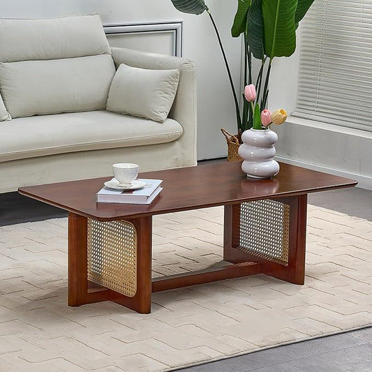 Rattan Coffee Table, 42.5 Inch Rectangular Solid Wood Table with PE Rattan Stand for Living Room