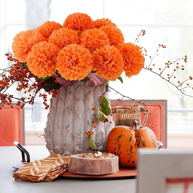 Hananona 12 Pcs Artificial Chrysanthemums Flowers Ball Flower, Orange Fake Mums Silk Fall Flowers for Autumn Home Decor Indoor Floral Arrangement Table Centerpiece (12, Orange)