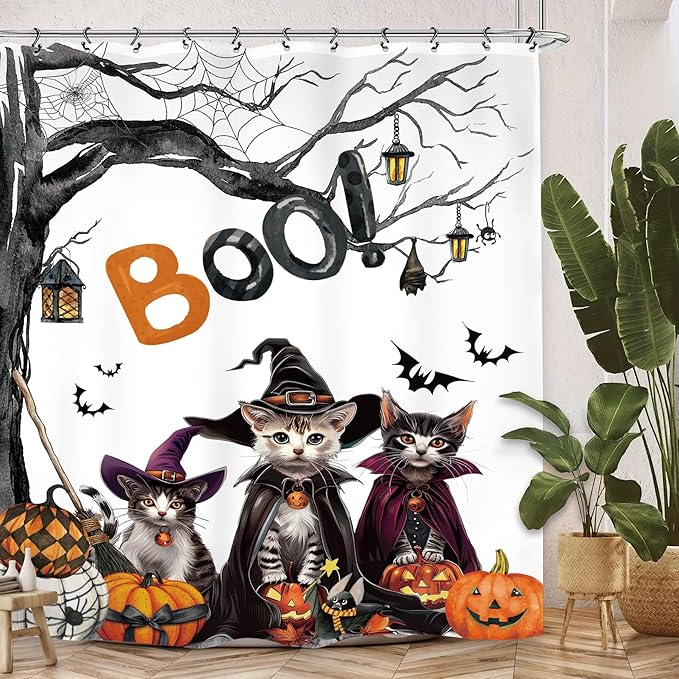 Halloween Cat Gothic Shower Curtain 60Wx72L Inch Pumpkin Horror Spider Bat Scary Spooky Witchy Animal Bathroom Set Accessories Decor with 12 Pack Hooks