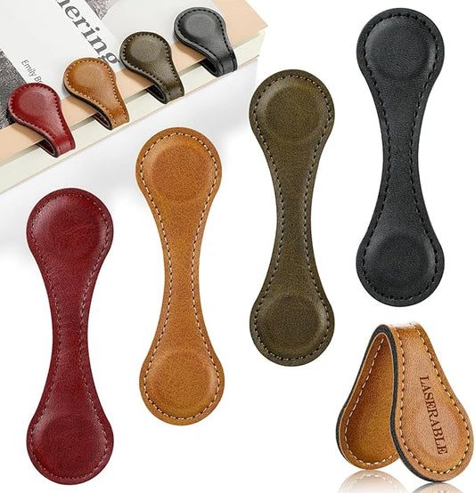 Leezmark 4 Pcs Magnetic Bookmarks, Classic Stitched Leather Bookmark, Lasable Engravable Blanks, Page Markers Reading Gifts for Book Lovers, Readers, Teachers, Leather Book Marks for Men Women