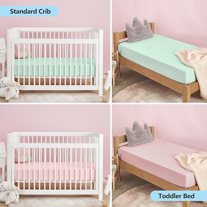 TILLYOU Baby Crib Sheets for Boys Girls, Fitted Crib Sheet 2 Pack for Standard Crib and Toddler Mattresses, Super Soft Toddler Bed Sheets, 28"x52"x8",Rosewater&Mint Macarons