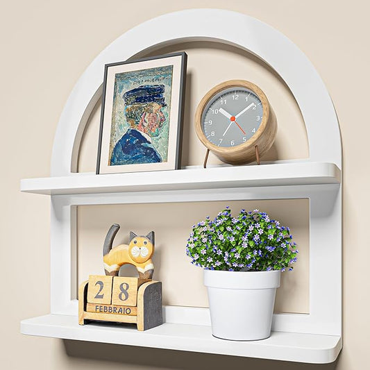 2 Tier Natural Arched Wall Shelf, Pine Wood Fan-shaped Nursery Floating Shelf, Cute Boho Shelf for Neutral Nursery Decor, Arched Bookshelf for Storage, Wooden Decorative Shelf for Home & Office, White