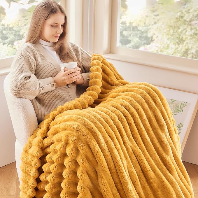 NEWCOSPLAY Super Soft Twin Blanket Mustard Yellow Premium Silky Flannel Fleece 3D Ribbed Jacquard Lightweight Bed Blanket All Season Use (Mustard Yellow Ribbed, Twin(60"x80"))