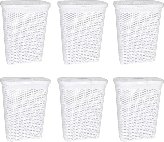 YBM Home Plastic Rattan Laundry Hamper Basket with Hinged Lid, Ventilation Holes, Durable, Lightweight Bin With Cutout Handles, Storage Dirty Clothes, Space Saver, 10.5" x 17.5" x 23.75", White,6-Pack