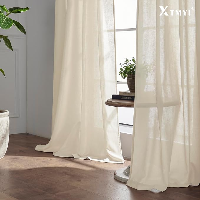 XTMYI Beige 100 Inches Long Country Curtains for Living Room,Sheer Linen Shabby Chic Curtains for Bedroom,50 Inches Wide