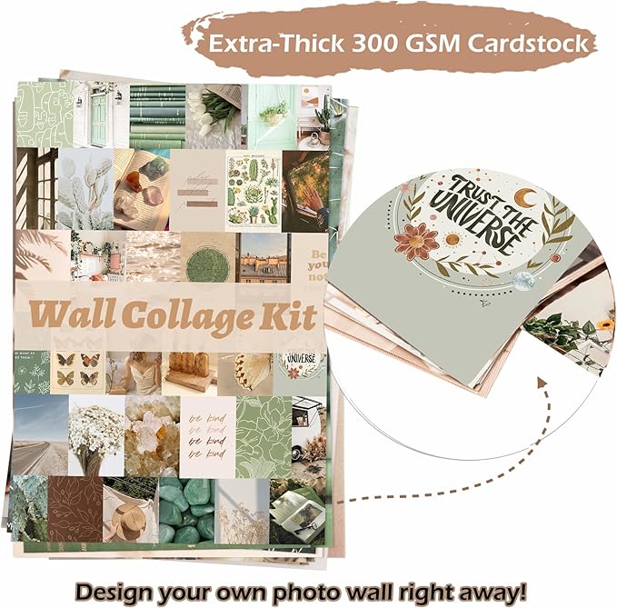 KOSKIMER Boho Wall Collage Kit Aesthetic Pictures, 50 Set 4x6 Inch, Earthy Room Decor Aesthetic, Saga Green Photo Collage Kit, Boho Posters for Teen Girl Dorm Bedroom, Trendy Collage Wall Decor